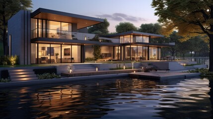 Obraz premium 3d rendering of modern house by the river at evening, house, luxury, villa, modern, architecture, building, exterior, residential, property, designer