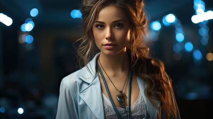 Portrait of young beautiful woman with long curly hair in night city