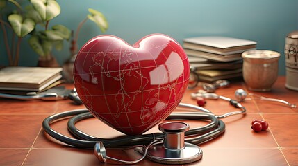 Stethoscope and red healthy heart on a wooden table with stethoscope - obrazy, fototapety, plakaty