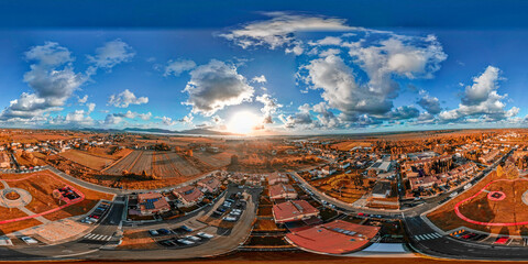 Aerial view of a modern city village in the countryside. Full spherical seamless panorama 360 degrees 