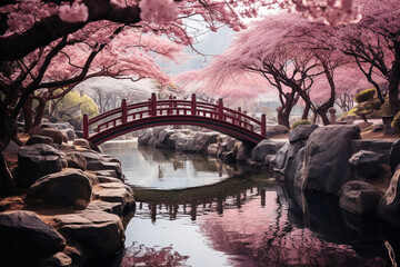 Japanese garden, graced by the delicate beauty of blossomed cherry trees in full bloom, creating a serene and picturesque scene. Ai generated