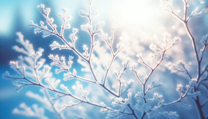 A close-up view of tree branches with frost, illuminated by soft winter sunlight against a blue sky. - obrazy, fototapety, plakaty