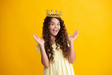 Portrait of ambitious teenage girl with crown, feeling princess, confidence. Child princess crown...