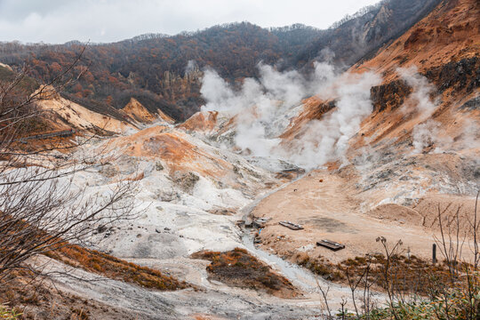 Steaming volcano of Hell Valley, Noboribetsu, Hokkaido, Japan