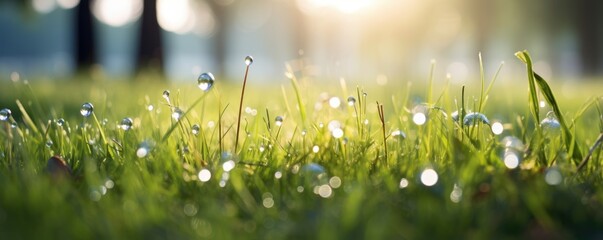 The landscape of green grass with dew in a forest with the focus on the setting sun. Soft focus