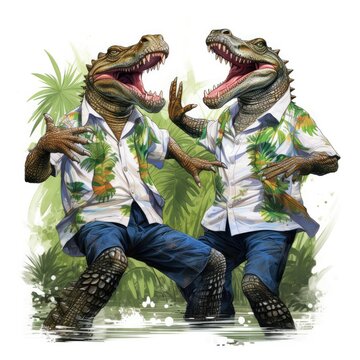 two alligators dancing in Hawaiin shirts in a party-themed, illustration in JPG.  Generative ai