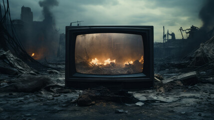 Old fashioned tv set standing on destroyed city battlefied or war background.