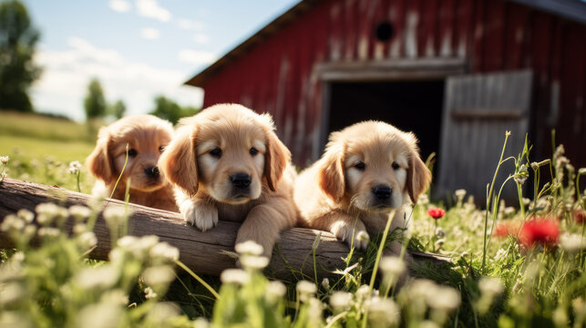 Three puppies posing for a cute photo in front of a barn.