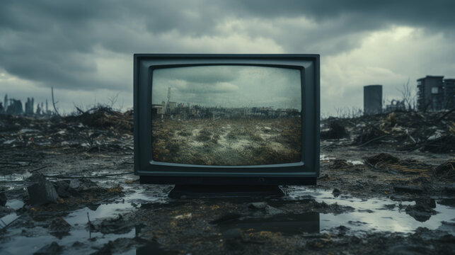 Old fashioned tv set standing on destroyed city battlefied or war background.