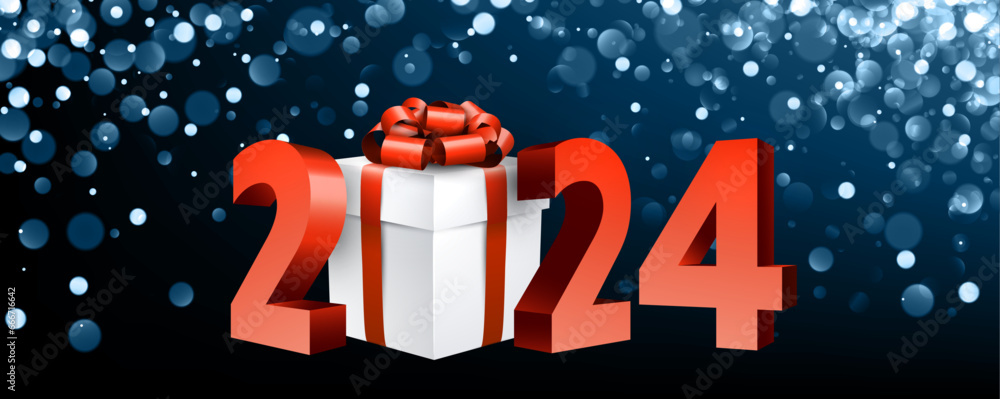 Poster happy new year 2024 red 3d lettering on dark blue background with bokeh and round defocused glitteri