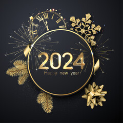 Happy new year 2024 golden lettering made of shiny balloons on round black background with snowflake, fir branches, clock face and glittering particles.