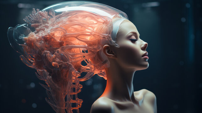 AI (Artificial Intelligence) concept. Human cyborg robot for futuristic artificial intelligence.