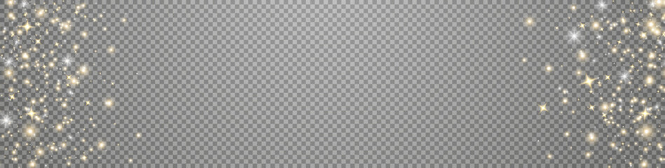 Golden glitter light frame. Christmas Holiday glow particle. Magic star effect. Twinkle fairy bulb. Shine luxury banner. Sparkle gold stars bokeh. Festive party design. Vector illustration