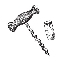 Hand drawn sketch of a corkscrew and wine cork . Engraving style. Doodle illustration. For design, packaging, web banners - obrazy, fototapety, plakaty
