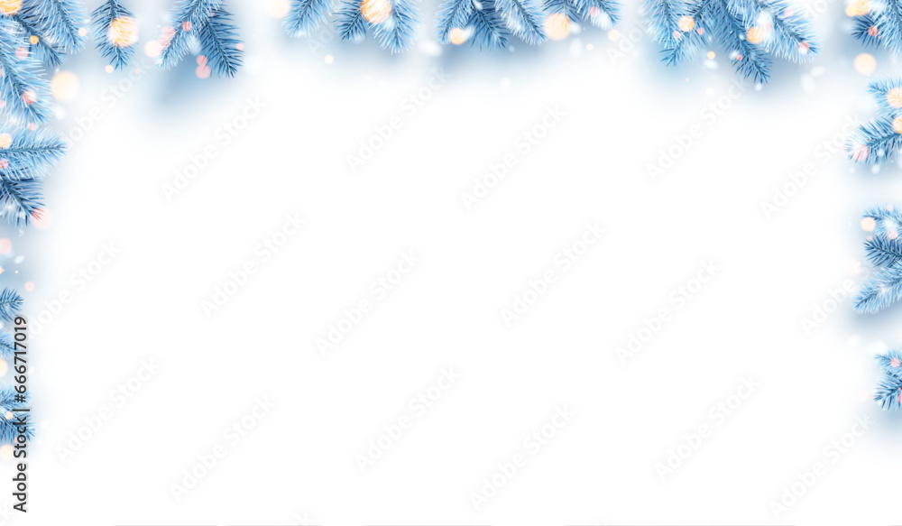 Poster Horizontal morning white banner with blue realistic fir branches. Snowflakes with shiny particles and copy space.