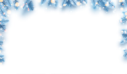 Horizontal morning white banner with blue realistic fir branches. Snowflakes with shiny particles and copy space.