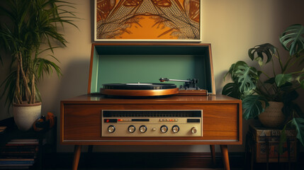 Vintage record player sitting on a table in living room playing an old vinyl album.