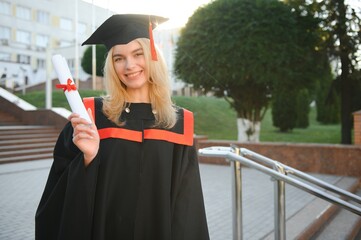 A young female graduate against the background of university.