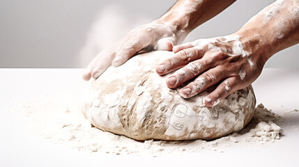 Obraz premium The person's hands expertly knead bread dough in a busy kitchen, captured in a photo with warm lighting and a rustic feel.