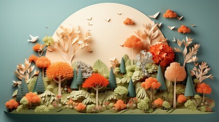 Obraz na płótnie Canvas Orange Fantasy landscape with big moon at center, tall trees, flowers and birds