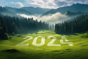 Landscape photo with mountains in fog, hills, woods, valleys and cloud, 2024 new year to reach net zero or carbon neutrality concept, Generative Ai - obrazy, fototapety, plakaty