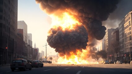Explosion of the bomb in the city. Fire and black smoke in the city. - obrazy, fototapety, plakaty