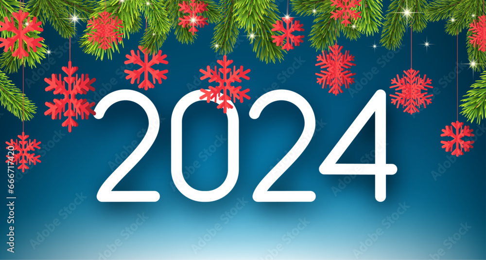 Poster new year 2024 horizontal background with white numbers for calendar header, fir branches and red pap