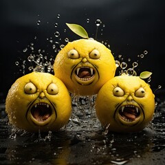 angry Lemons in Comic-themed, realistic illustration in JPG. 
Generative ai