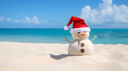 Christmas holidays on a sunny beach: sand snowman with Santa hat - obrazy, fototapety, plakaty