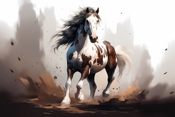 Dynamic Pinto Horse Galloping Amidst Misty Landscape - obrazy, fototapety, plakaty