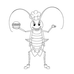 Vector cartoon cockroach with a hamburger in a plate, wearing a chef's hat on a white background. Children's coloring book. Doodle style.