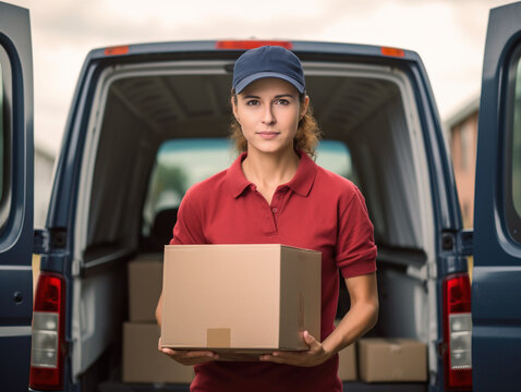 Delivery woman holding cardboard parcel in hands in front of open delivery van