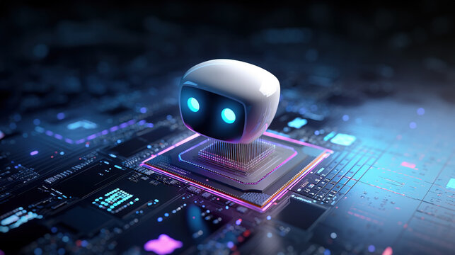 Digital representation of AI Artificial intelligence chat bot connected to computer motherboard - Powered by Adobe