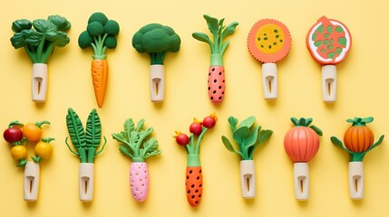 Creative and healthy meals for kids include cute trees made from fresh, tasty vegetables and herbs, including carrots, zucchini, onion, red pepper, and rosemary, as well as wooden spoons - Powered by Adobe