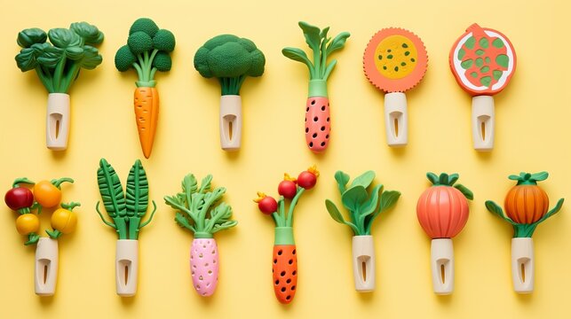 Creative and healthy meals for kids include cute trees made from fresh, tasty vegetables and herbs, including carrots, zucchini, onion, red pepper, and rosemary, as well as wooden spoons