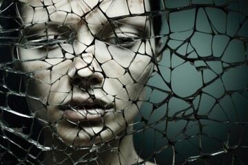 a horizontal format of the fractured face of a woman, space for copy in a psychological-themed, photorealistic illustration in JPG.  Generative ai