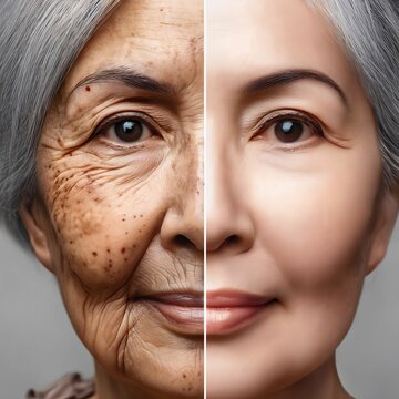 Elderly face before and after skin treatment. Cosmetic procedure. Mature woman. Age-related skin changes. Plastic surgery. Puffiness and wrinkles. Skin Lift Dermatology. Revitalization. Generative AI.