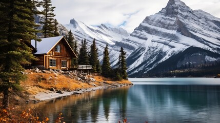 Fototapeta na wymiar During autumn and winter, enjoy living in a cozy cabin in Canada that has stunning views of Emerald Lake in Waterton Lakes National Park.