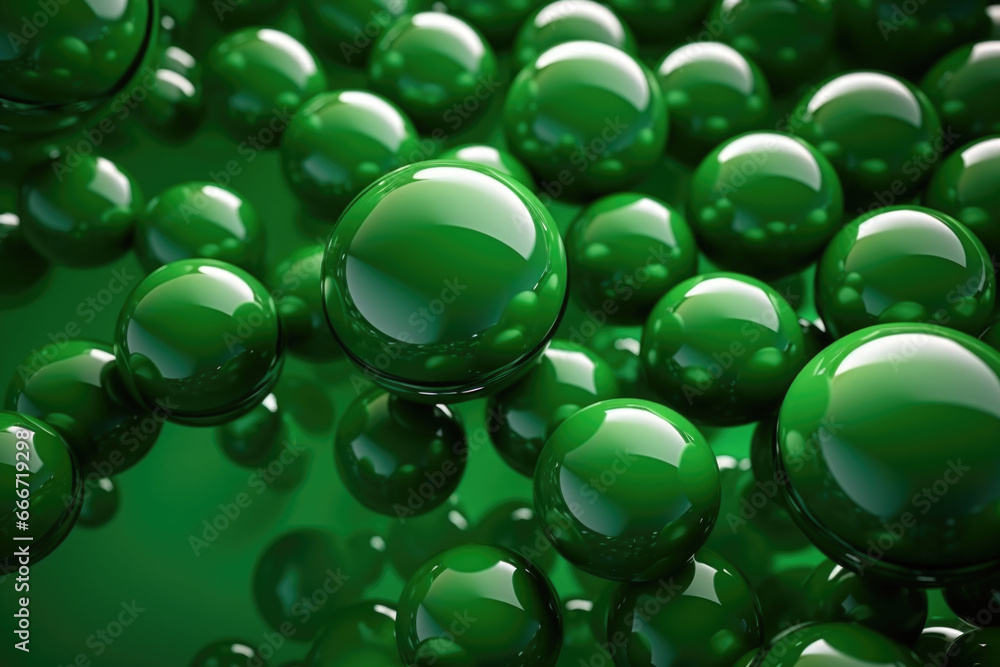 Aufkleber shiny balls in different sizes on green background. abstract glossy bubbles. composition with chaoti