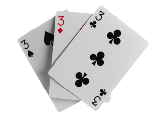 Flying playing cards for poker and gambling, three triples isolated on white, clipping path