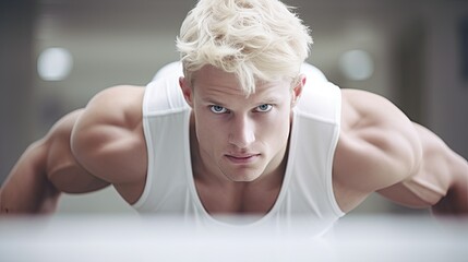 a horizontal format of a young man, working out, high key in an Athletic-themed, photorealistic illustration in JPG.  Generative ai