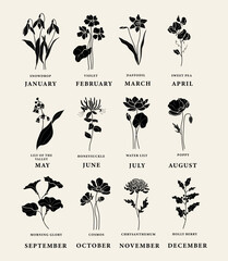 Flat vector birth month flowers set - obrazy, fototapety, plakaty