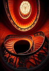 A spiral staircase shown in orange tones .