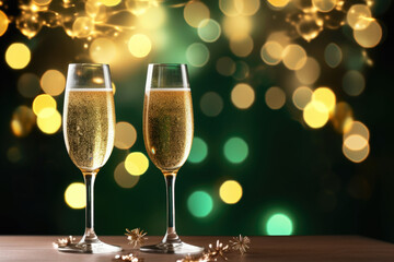 New year's eve celebration background with champagne. Green bokeh. Generative AI