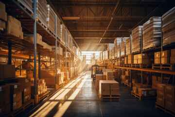Modern contemporary warehouse with warm sunlight filtering through rows of goods. AI generated