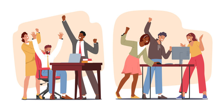 Business Team Characters Rejoices Near Their Computers, Celebrating Success With Smiles, And Shared Sense Of Achievement