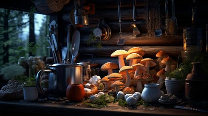 Halloween in Witch's Kitchen involves cooking with a witch hat, mushrooms, and toadstools. - obrazy, fototapety, plakaty