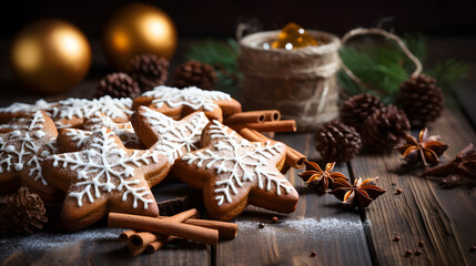 Fototapeta na wymiar Gingerbread star shaped cookies with cinnamon and cardiac on a wooden table. Christmas holiday food