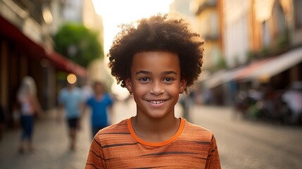 In a typical Brazilian neighborhood, there is a black boy who has afro hair and is outside.