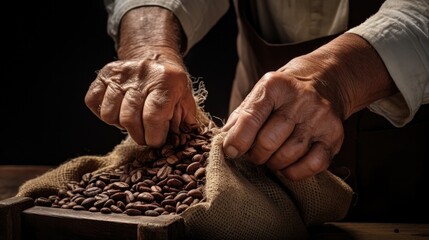 Obraz premium a horizontal format of a pair of Aged hands opening a bag of coffee in Cultural-themed, photorealistic illustrations in JPG. Generative ai